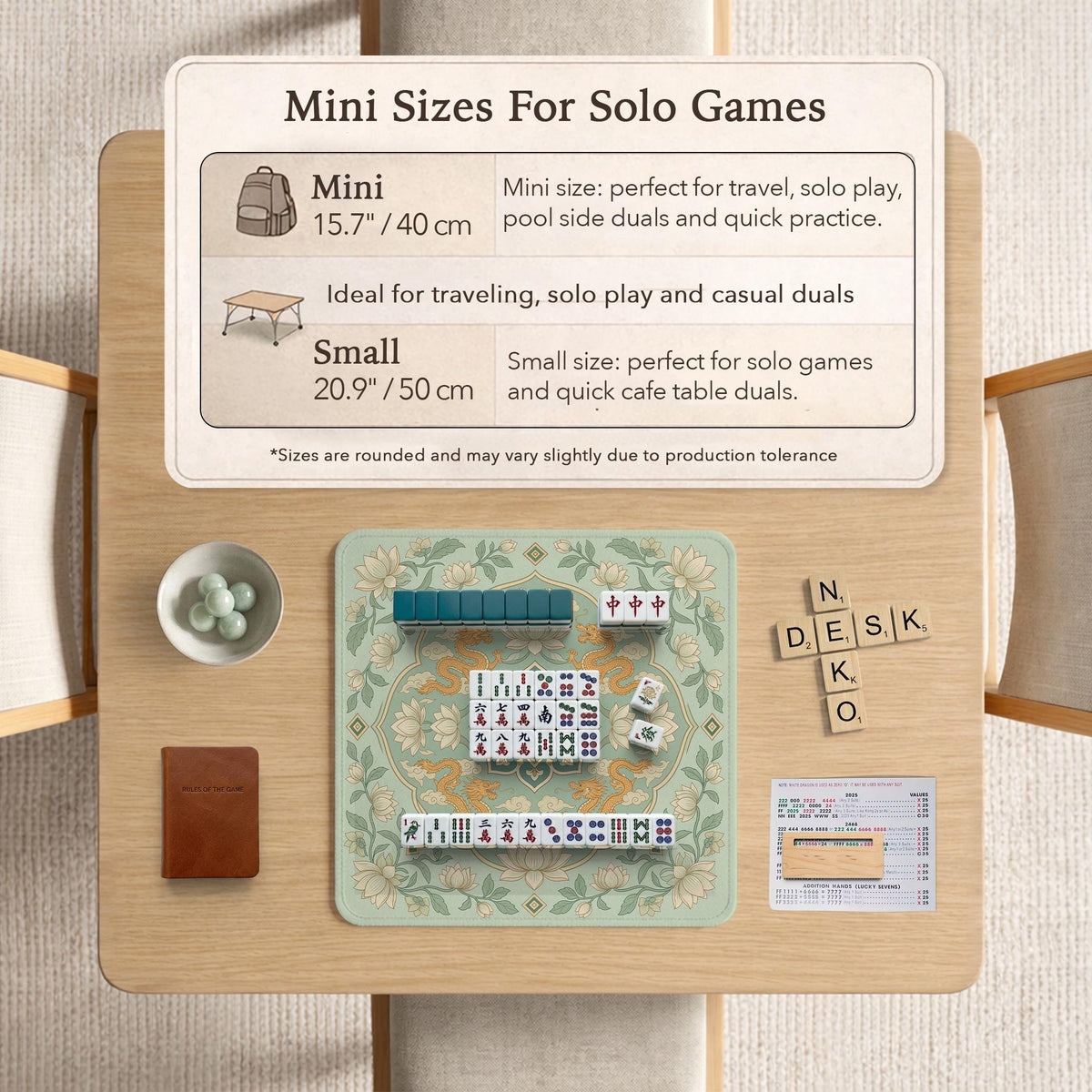Sage green square mahjong mat with lotus flowers, golden dragons, and an ornamental center design.