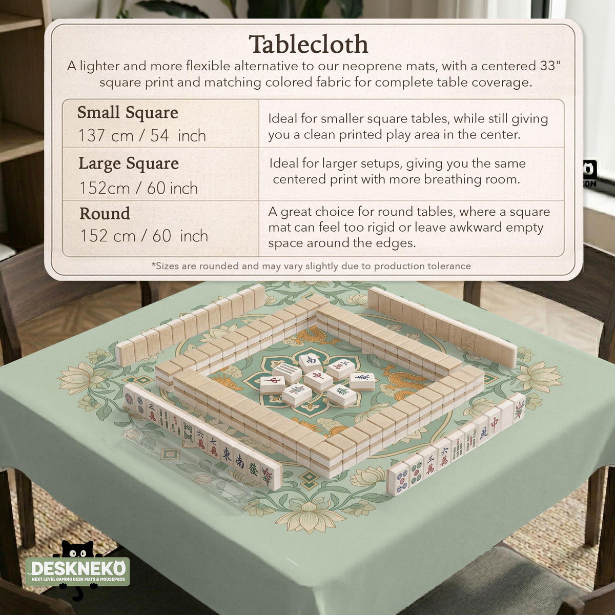 Sage green square mahjong mat with lotus flowers, golden dragons, and an ornamental center design.