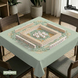Sage green square mahjong mat with lotus flowers, golden dragons, and an ornamental center design.