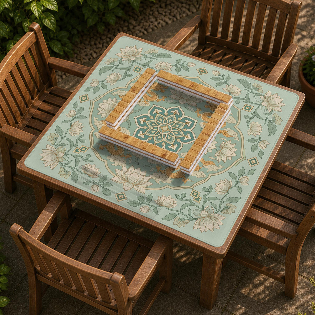 Sage green square mahjong mat with lotus flowers, golden dragons, and an ornamental center design.