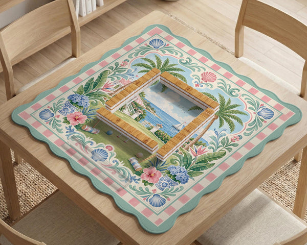 Pastel mahjong mat with a pink gingham border, seashells, hydrangea pots, palm trees, croquet details, and a coastal garden scene.