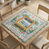 Pastel mahjong mat with a pink gingham border, seashells, hydrangea pots, palm trees, croquet details, and a coastal garden scene.