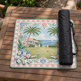 Pastel mahjong mat with a pink gingham border, seashells, hydrangea pots, palm trees, croquet details, and a coastal garden scene.