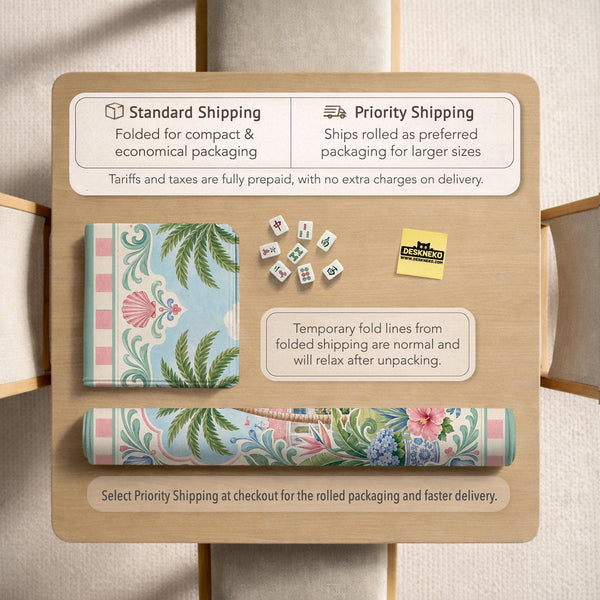 Pastel mahjong mat with a pink gingham border, seashells, hydrangea pots, palm trees, croquet details, and a coastal garden scene.