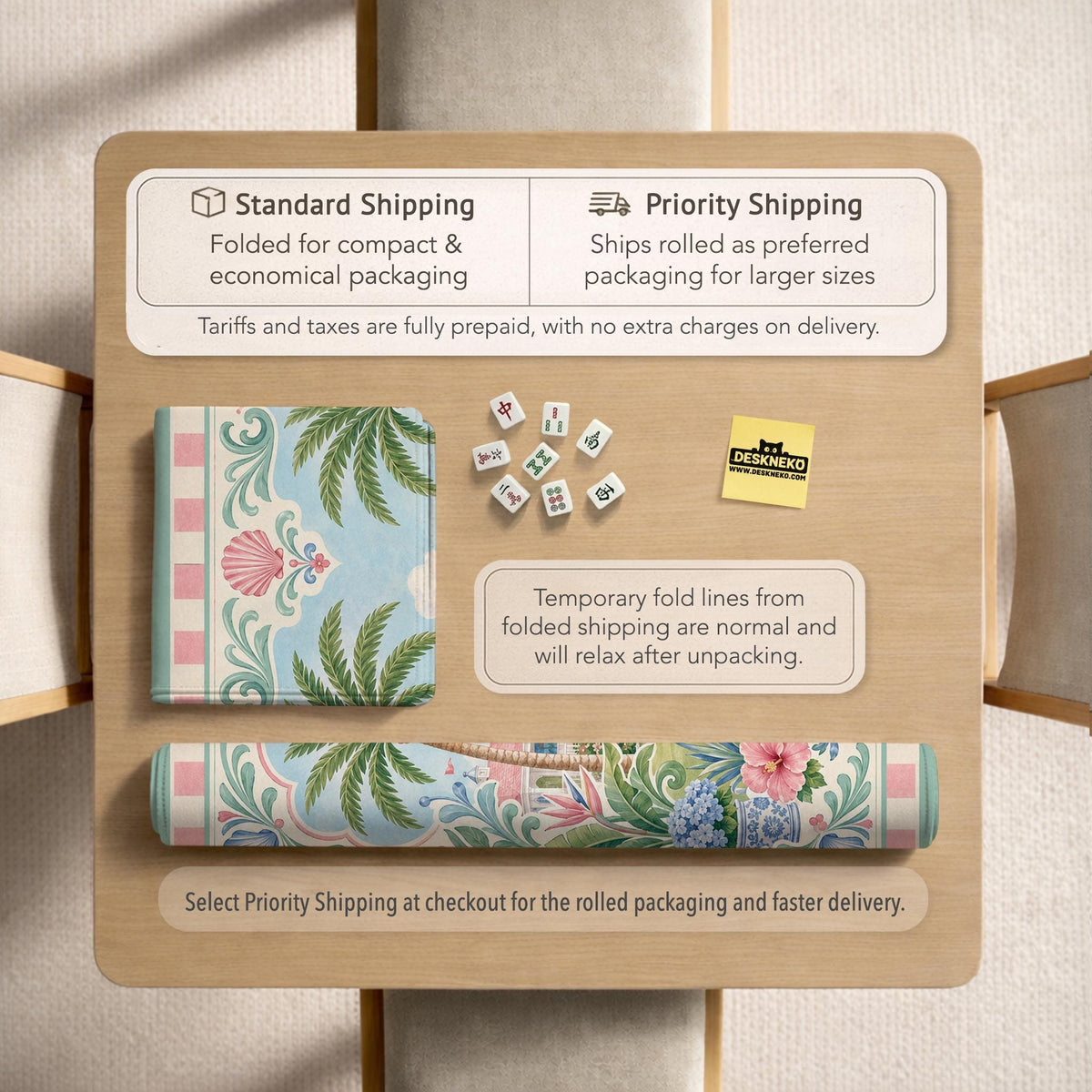 Pastel mahjong mat with a pink gingham border, seashells, hydrangea pots, palm trees, croquet details, and a coastal garden scene.