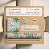 Pastel mahjong mat with a pink gingham border, seashells, hydrangea pots, palm trees, croquet details, and a coastal garden scene.