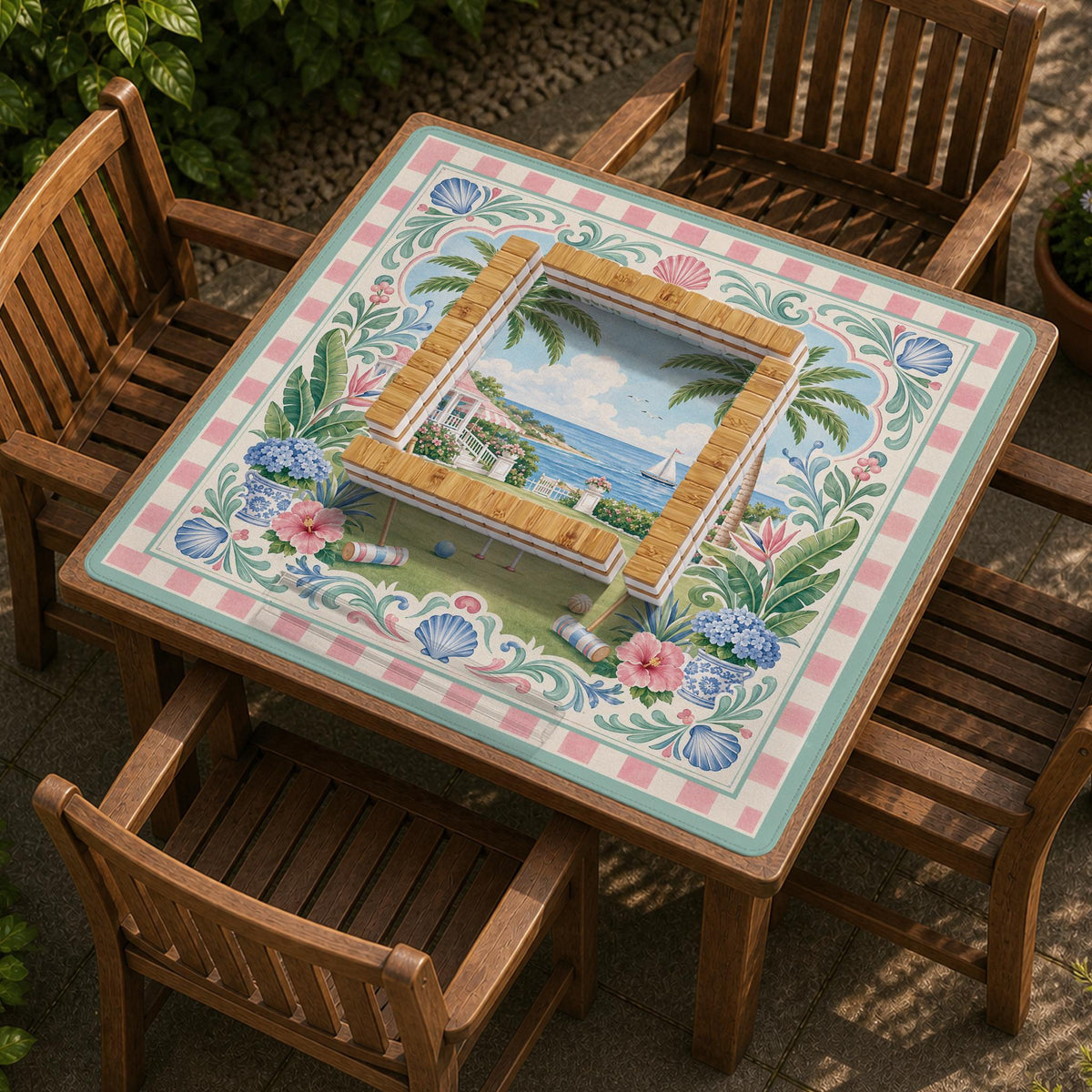 Pastel mahjong mat with a pink gingham border, seashells, hydrangea pots, palm trees, croquet details, and a coastal garden scene.