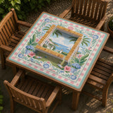 Pastel mahjong mat with a pink gingham border, seashells, hydrangea pots, palm trees, croquet details, and a coastal garden scene.