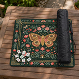 Dark green square mahjong mat with floral branches, small red blossoms, gold line details, and a large moth in the center.