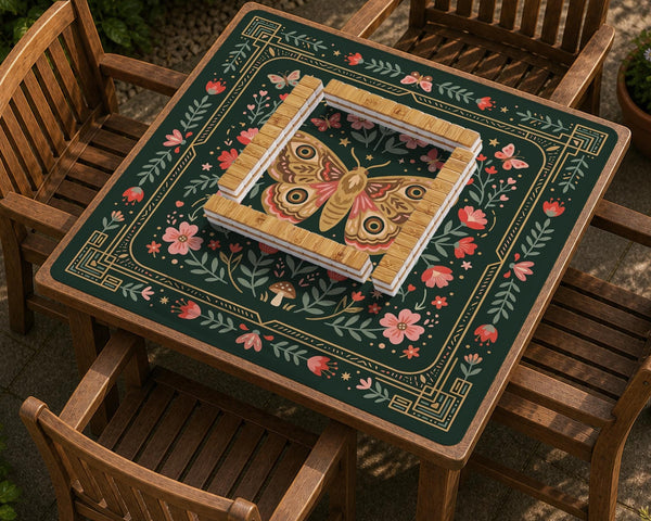 Dark green square mahjong mat with floral branches, small red blossoms, gold line details, and a large moth in the center.
