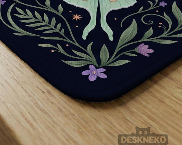Navy square mahjong mat with a floral border, copper moons, scattered stars, pale moths, and leafy botanical details.