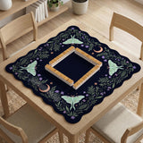 Navy square mahjong mat with a floral border, copper moons, scattered stars, pale moths, and leafy botanical details.