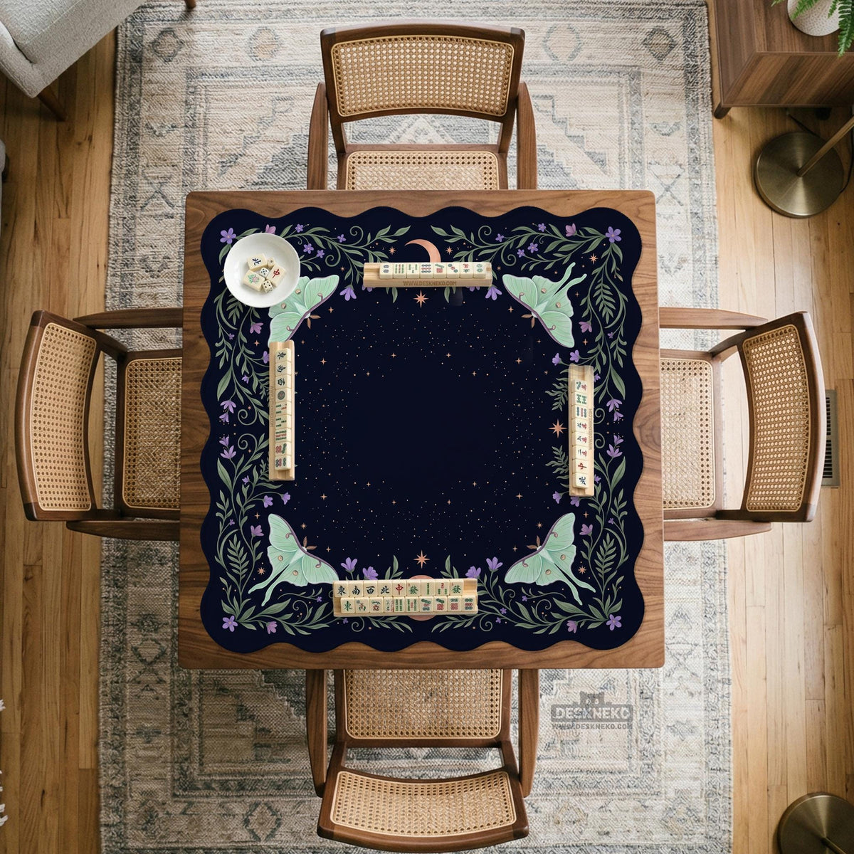Navy square mahjong mat with a floral border, copper moons, scattered stars, pale moths, and leafy botanical details.