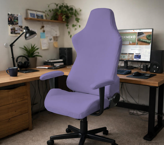 Purple chair cover options shown for gaming chairs and office chairs, including full chair covers, back-and-seat covers, seat-only covers, and armrest-only covers.