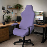 Purple chair cover options shown for gaming chairs and office chairs, including full chair covers, back-and-seat covers, seat-only covers, and armrest-only covers.