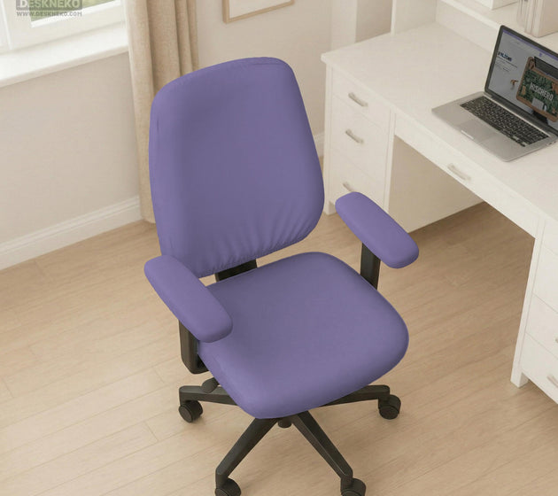 Purple chair cover options shown for gaming chairs and office chairs, including full chair covers, back-and-seat covers, seat-only covers, and armrest-only covers.