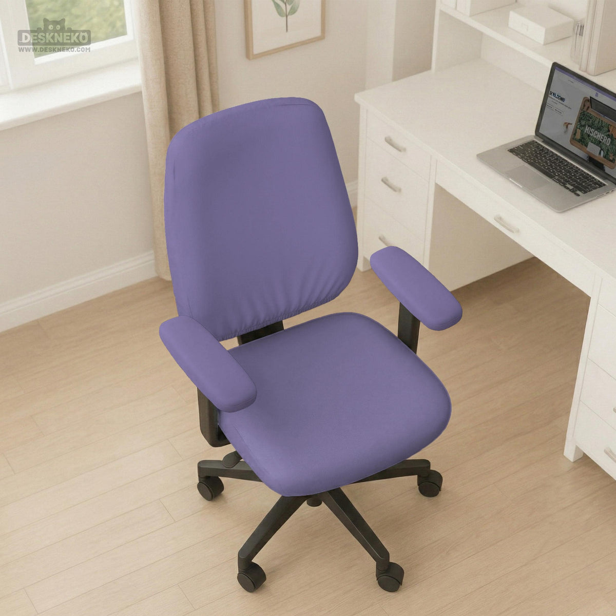 Purple chair cover options shown for gaming chairs and office chairs, including full chair covers, back-and-seat covers, seat-only covers, and armrest-only covers.