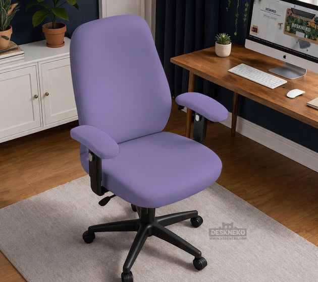 Purple chair cover options shown for gaming chairs and office chairs, including full chair covers, back-and-seat covers, seat-only covers, and armrest-only covers.