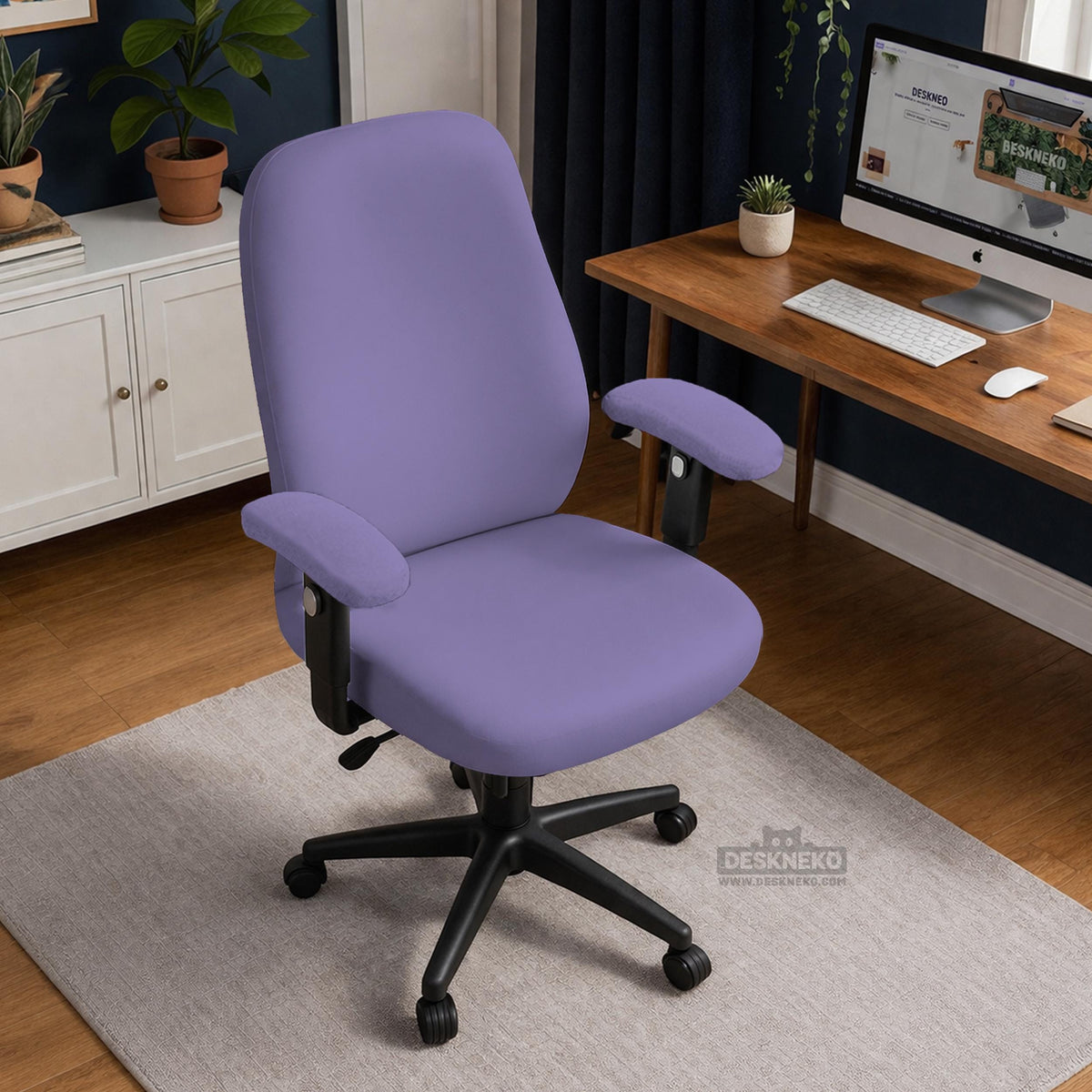 Purple chair cover options shown for gaming chairs and office chairs, including full chair covers, back-and-seat covers, seat-only covers, and armrest-only covers.