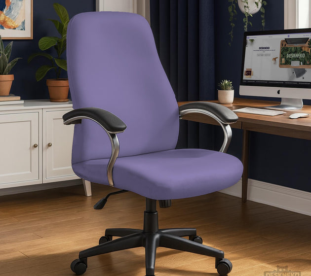 Purple chair cover options shown for gaming chairs and office chairs, including full chair covers, back-and-seat covers, seat-only covers, and armrest-only covers.