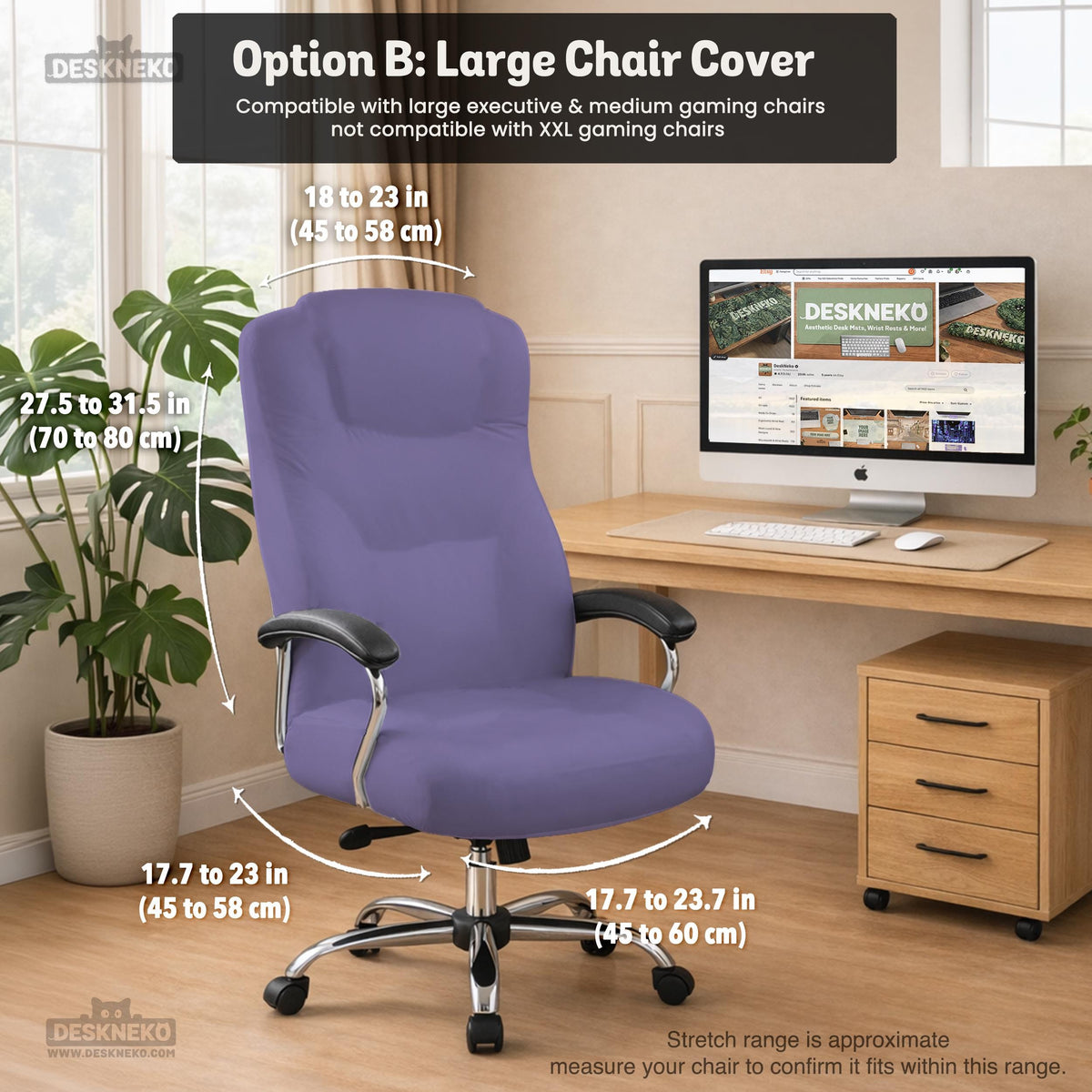 Purple chair cover options shown for gaming chairs and office chairs, including full chair covers, back-and-seat covers, seat-only covers, and armrest-only covers.