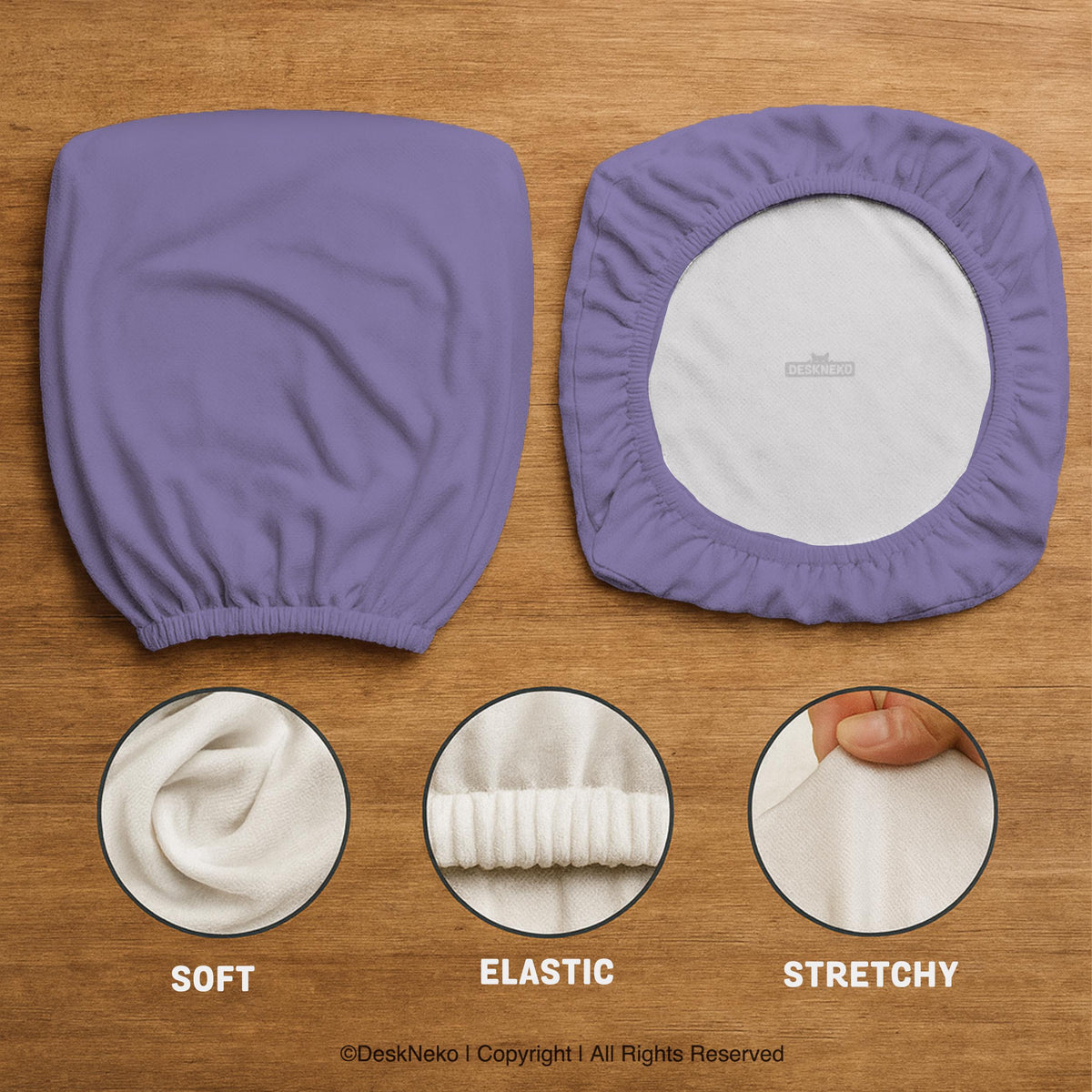 Purple chair cover options shown for gaming chairs and office chairs, including full chair covers, back-and-seat covers, seat-only covers, and armrest-only covers.