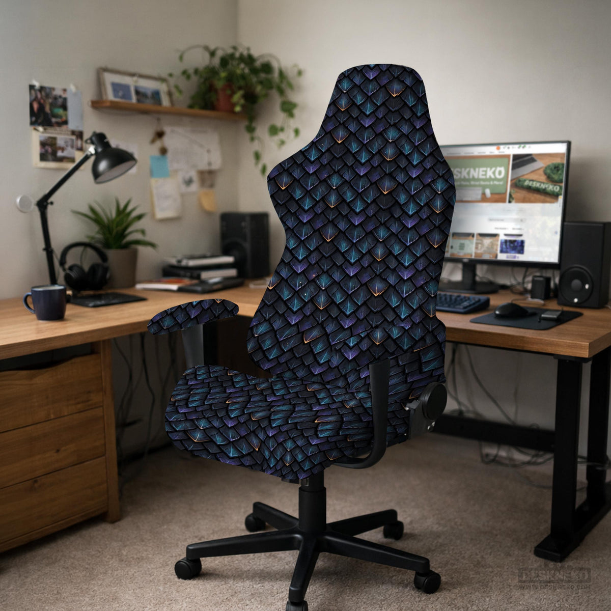 An indigo desk chair cover with a dragon scale pattern in blue, navy, purple, and copper tones, shown as a stretch slipcover with coverage options.