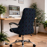 An indigo desk chair cover with a dragon scale pattern in blue, navy, purple, and copper tones, shown as a stretch slipcover with coverage options.