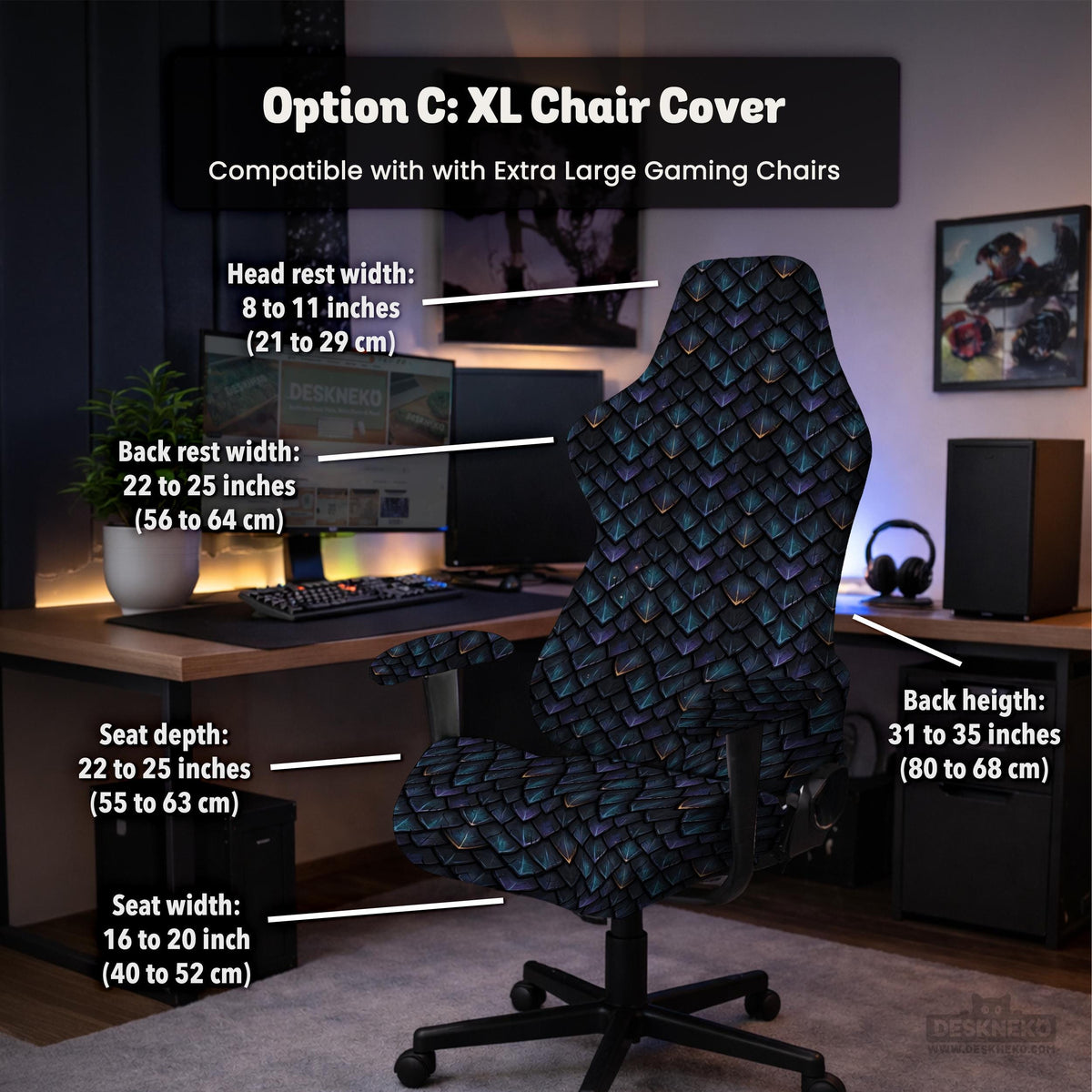 An indigo desk chair cover with a dragon scale pattern in blue, navy, purple, and copper tones, shown as a stretch slipcover with coverage options.