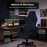 An indigo desk chair cover with a dragon scale pattern in blue, navy, purple, and copper tones, shown as a stretch slipcover with coverage options.
