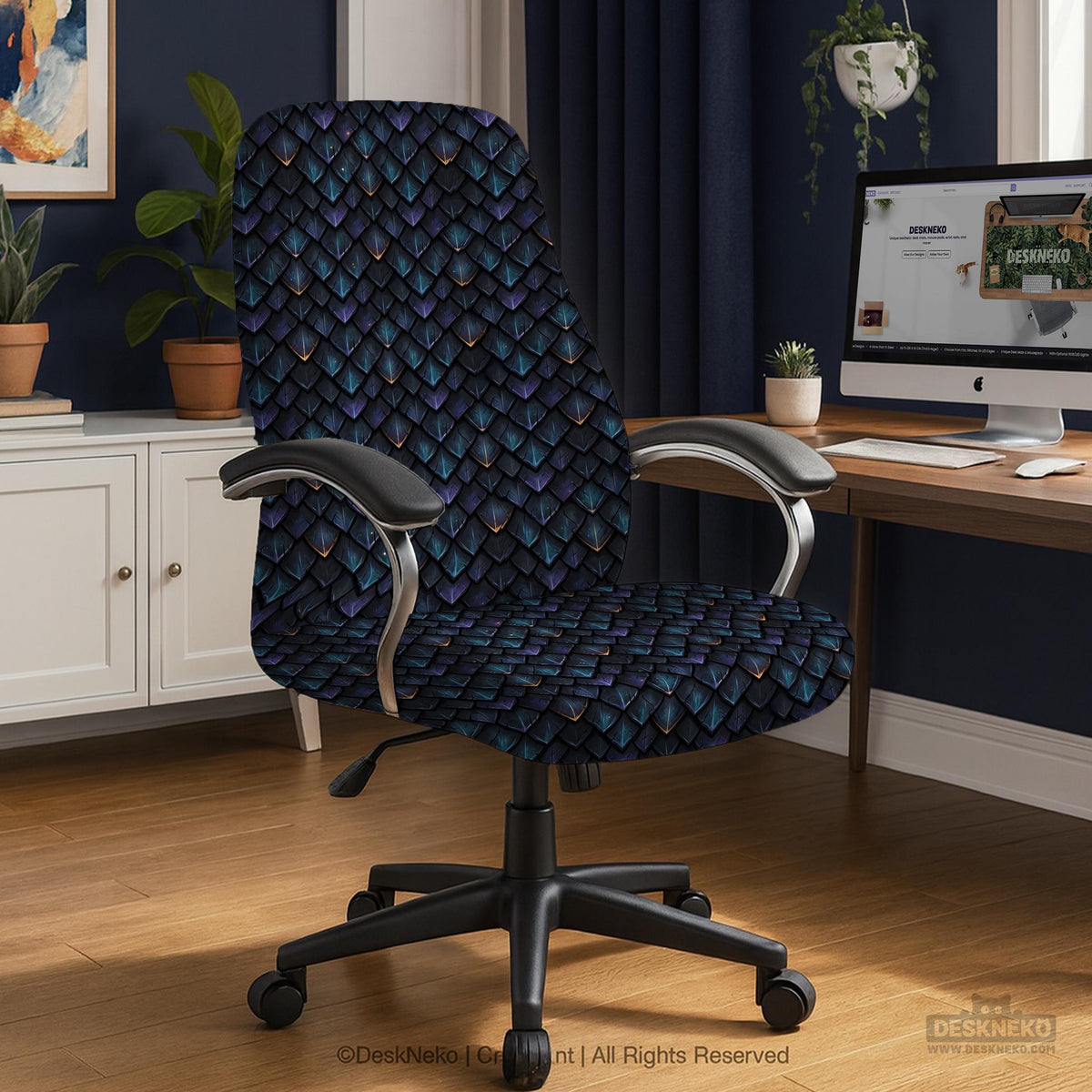 An indigo desk chair cover with a dragon scale pattern in blue, navy, purple, and copper tones, shown as a stretch slipcover with coverage options.