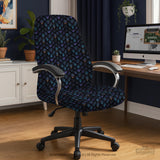 An indigo desk chair cover with a dragon scale pattern in blue, navy, purple, and copper tones, shown as a stretch slipcover with coverage options.