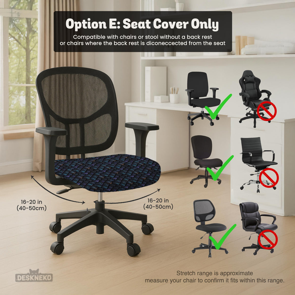 An indigo desk chair cover with a dragon scale pattern in blue, navy, purple, and copper tones, shown as a stretch slipcover with coverage options.