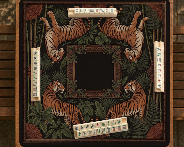 Black square mahjong mat with mirrored tiger faces, bamboo, dark tropical leaves, ornate border details, and orange accents.