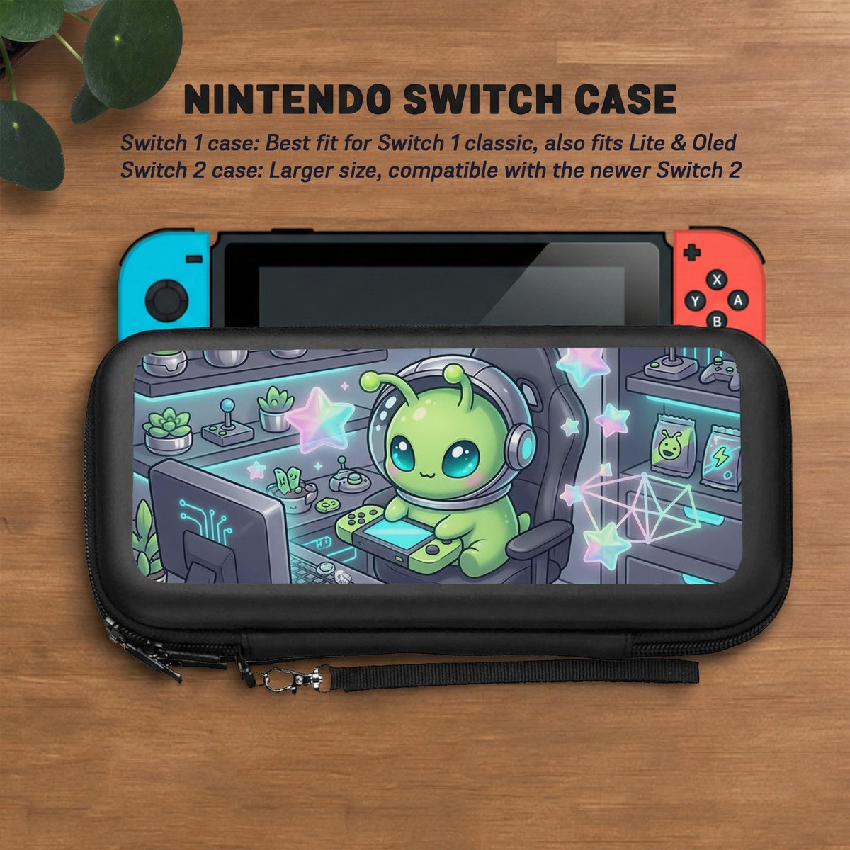 A Switch carrying case design with a cute green alien at a gaming desk, glowing cyan lights, and pastel stars on a dark background.