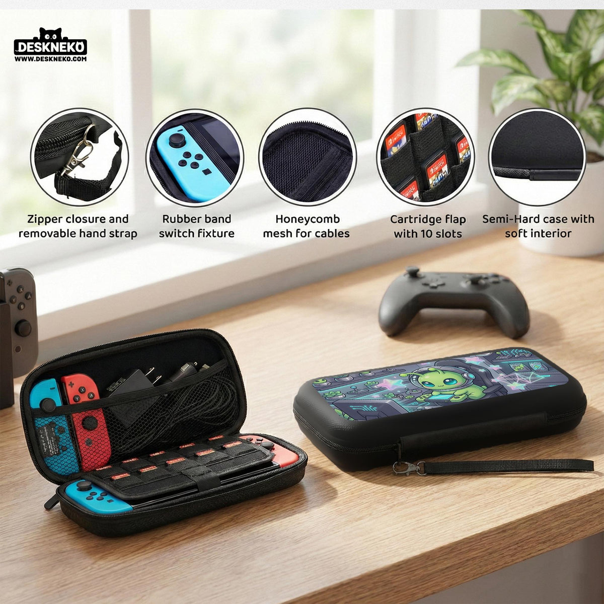 A Switch carrying case design with a cute green alien at a gaming desk, glowing cyan lights, and pastel stars on a dark background.