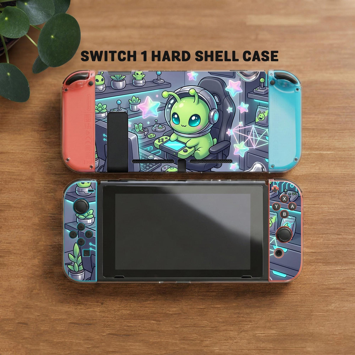 A Switch carrying case design with a cute green alien at a gaming desk, glowing cyan lights, and pastel stars on a dark background.