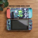A Switch carrying case design with a cute green alien at a gaming desk, glowing cyan lights, and pastel stars on a dark background.
