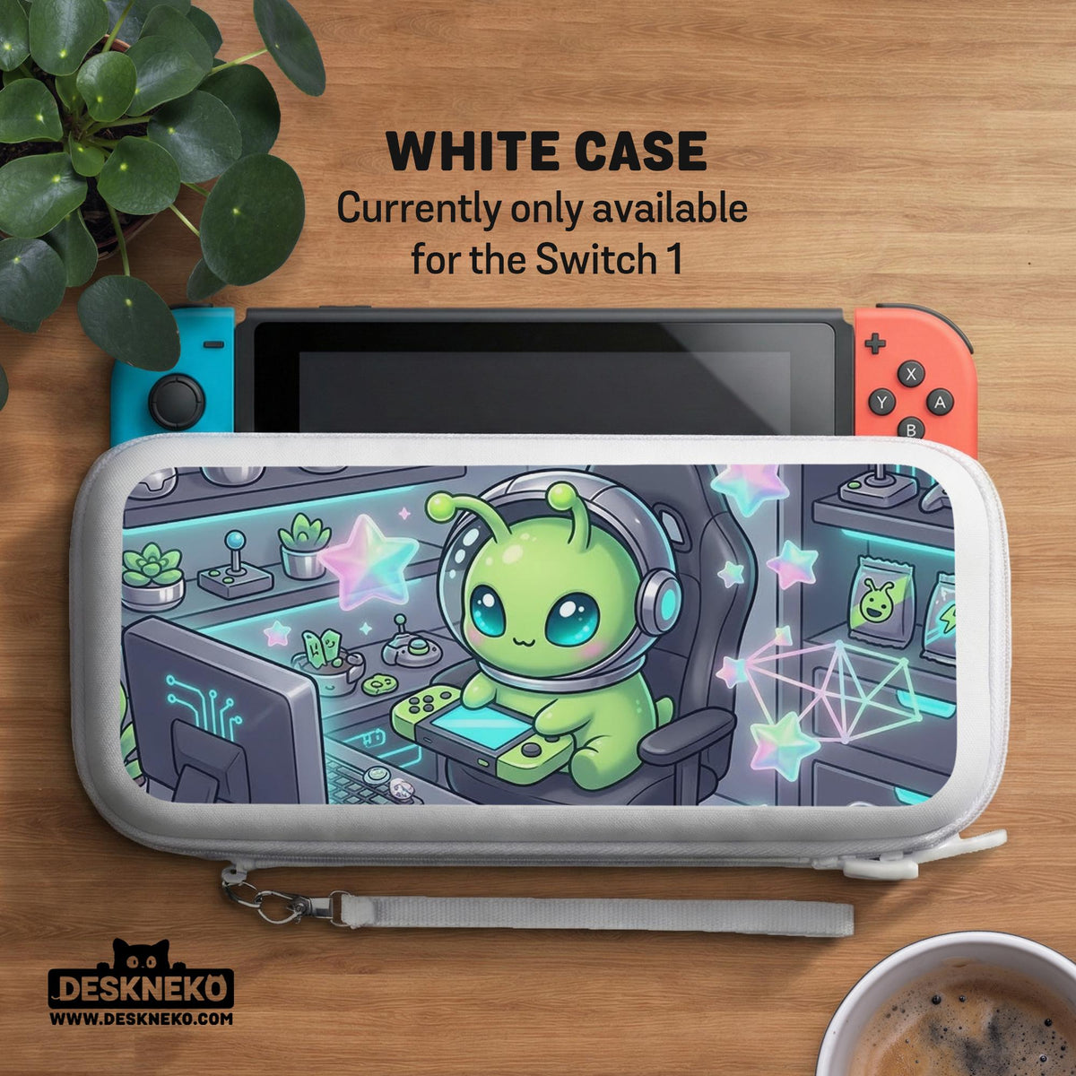 A Switch carrying case design with a cute green alien at a gaming desk, glowing cyan lights, and pastel stars on a dark background.