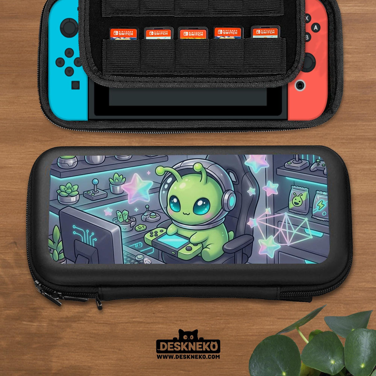 A Switch carrying case design with a cute green alien at a gaming desk, glowing cyan lights, and pastel stars on a dark background.