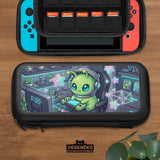 A Switch carrying case design with a cute green alien at a gaming desk, glowing cyan lights, and pastel stars on a dark background.