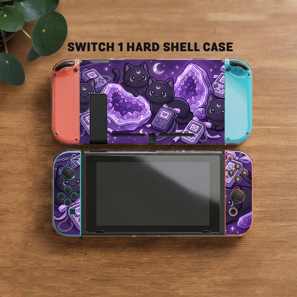 Purple carrying case with black cat faces, moon shapes, stars, and crystal geode style artwork for Nintendo Switch.