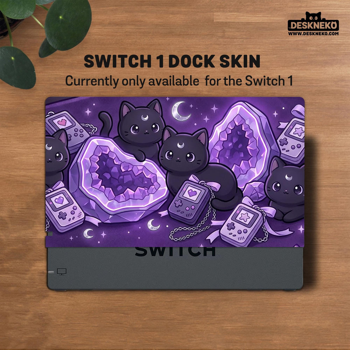 Purple carrying case with black cat faces, moon shapes, stars, and crystal geode style artwork for Nintendo Switch.