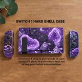 Purple carrying case with black cat faces, moon shapes, stars, and crystal geode style artwork for Nintendo Switch.