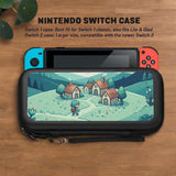 Teal carrying case with a pixel-style village scene, small houses, layered mountains, flowers, and a retro game-inspired landscape design.