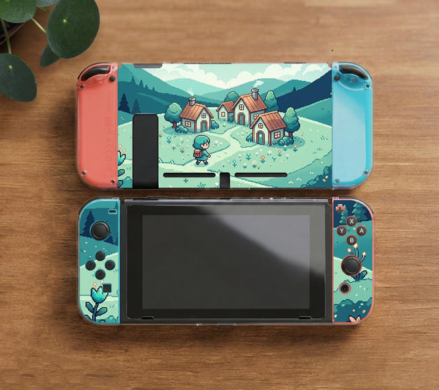 Teal carrying case with a pixel-style village scene, small houses, layered mountains, flowers, and a retro game-inspired landscape design.