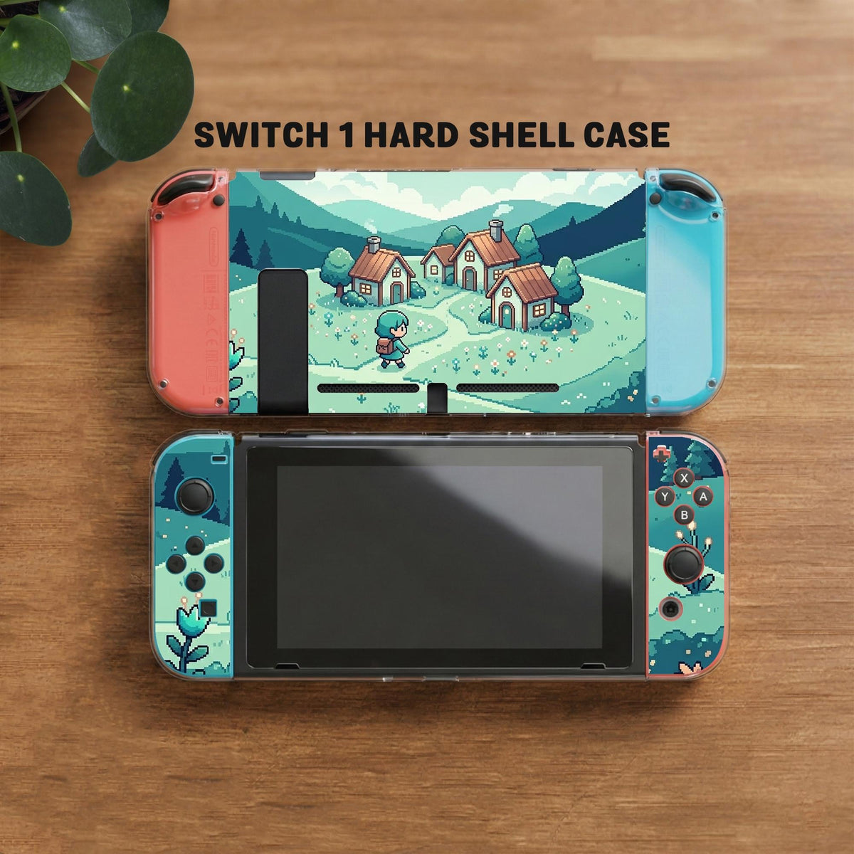 Teal carrying case with a pixel-style village scene, small houses, layered mountains, flowers, and a retro game-inspired landscape design.