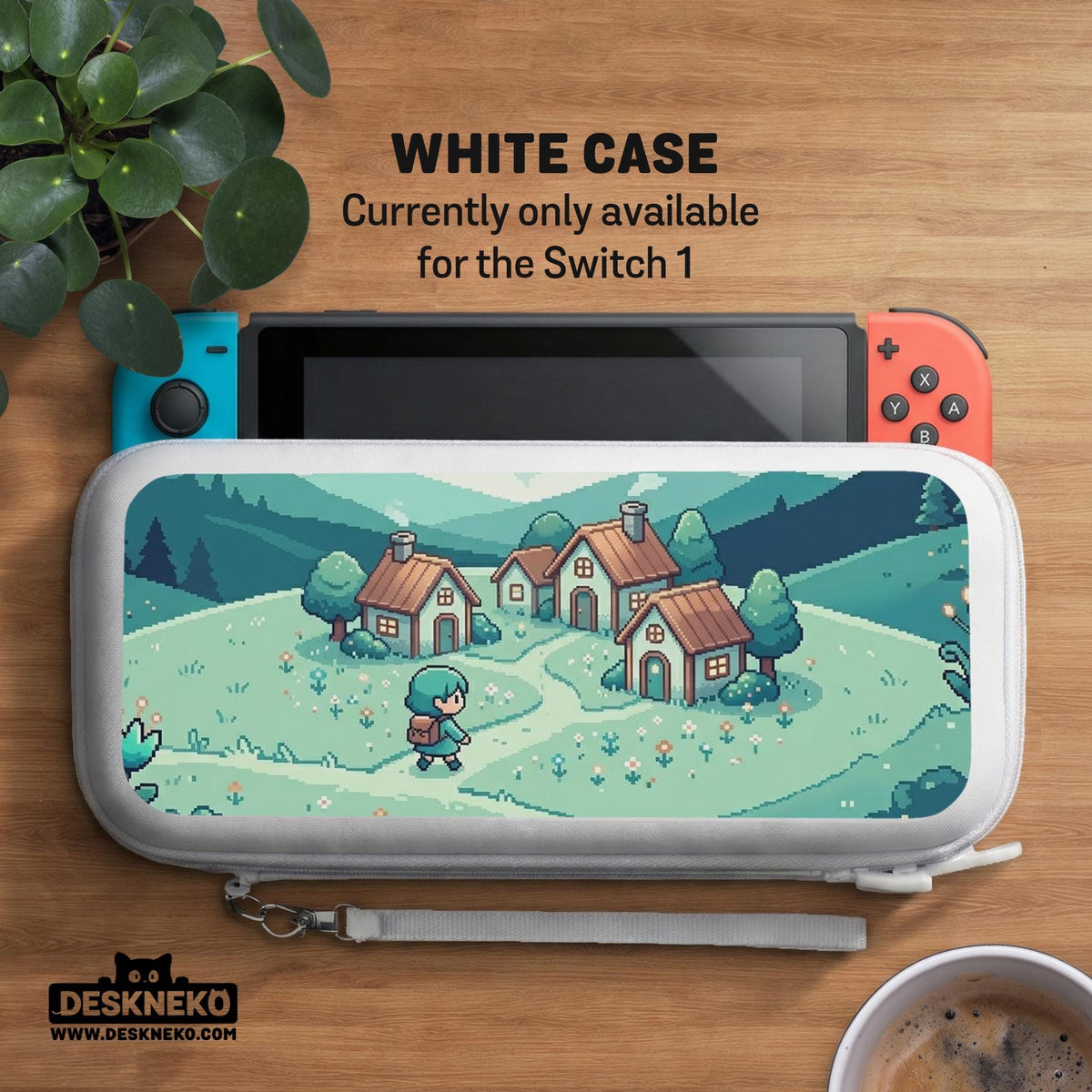 Teal carrying case with a pixel-style village scene, small houses, layered mountains, flowers, and a retro game-inspired landscape design.