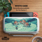 Teal carrying case with a pixel-style village scene, small houses, layered mountains, flowers, and a retro game-inspired landscape design.