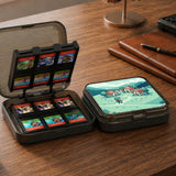 Teal carrying case with a pixel-style village scene, small houses, layered mountains, flowers, and a retro game-inspired landscape design.